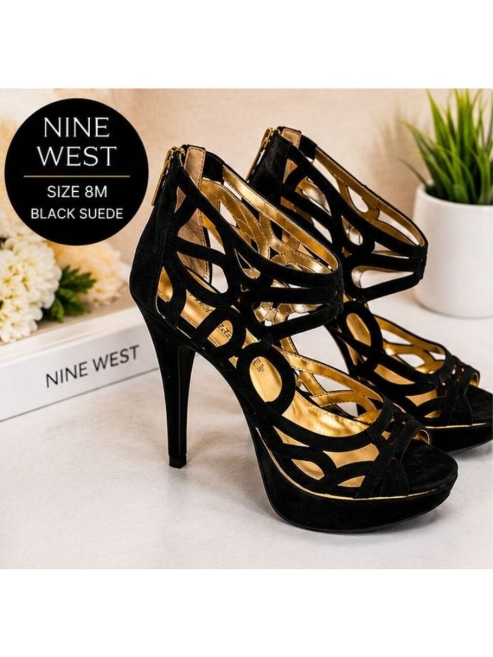 Nine West Black Suede Platform Heels Strappy Zip Back Stiletto Size 8M